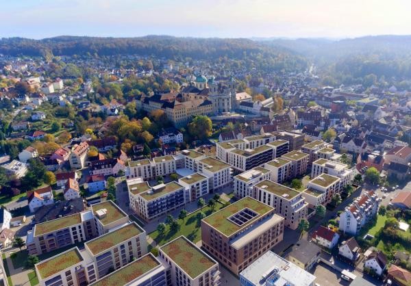 Entwurf Mögliche Ansicht des Quartiers Martinshöfe: In einer Visualisierung zeigt der Bauträger die Anordnung der Gebäude. Im Hintergrund ist die Basilika zu sehen.