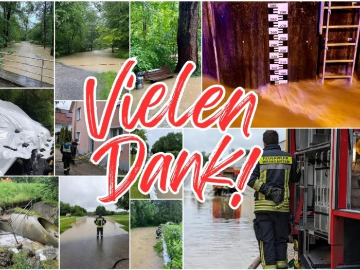 Die Bildercollage zeigt Szenen vom Hochwasser am 1. und 2. Juni 2024: überflutete Straßen und Wege, Feuerwehrleute im Einsatz, den hohen Pegelstand des Flusses Scherzach