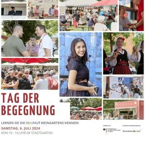 Elf Fotos mit bunten Szenen vom Tag der Begegnung auf einem Plakat werben für die Veranstaltung am 5. Juli 2024