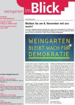 Das Titelblatt der Ausgabe zeigt ein blaues Plakat, das mit dem gelben Schriftzug mit "Weingarten bleibt wach für Demokratie" wirbt